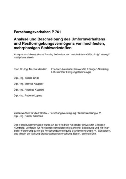 Fostabericht P 761 - Analyse und Beschreibung des Umformverhaltens und Restformgebungsvermögens von hochfesten, mehrphasigen Stahlwerkstoffen