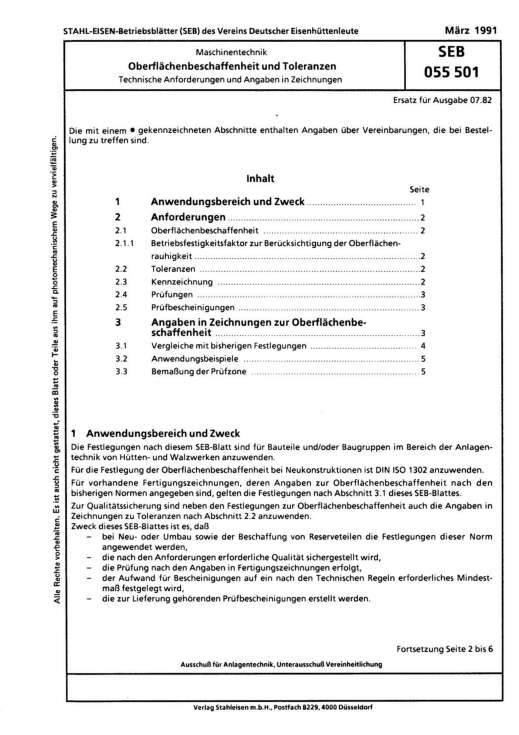 Stahl-Eisen-Betriebsblatt (SEB) 055 501 - Oberflächenbeschaffenheit und Toleranzen - Technische Anforderungen und Angaben in Zeichnungen