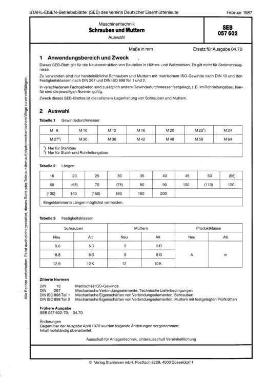Stahl-Eisen-Betriebsblatt (SEB) 057 602 - Schrauben und Muttern - Auswahl