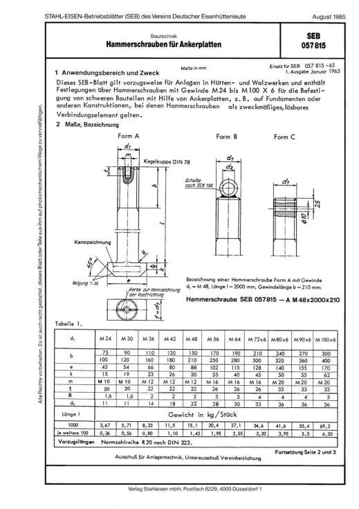 Stahl-Eisen-Betriebsblatt (SEB) 057 815 - Hammerschrauben für Ankerplatten