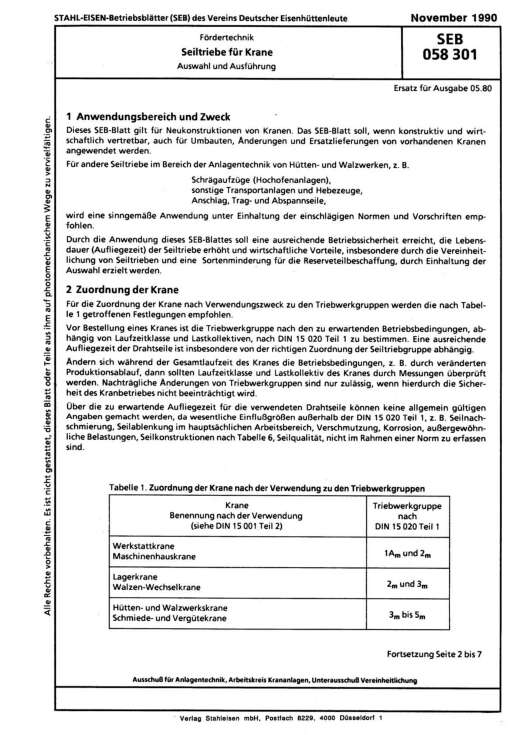 Stahl-Eisen-Betriebsblatt (SEB) 058 301 - Seiltriebe für Krane - Auswahl und Ausführung