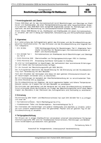 Stahl-Eisen-Betriebsblatt (SEB) 104 130 - Beschichtungen udn Überzüge für Stahlbauten