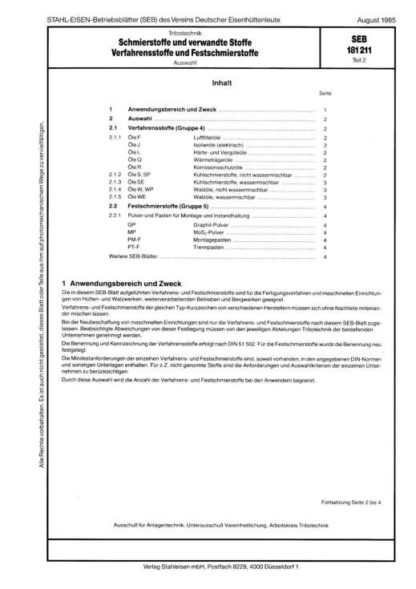 Stahl-Eisen-Betriebsblatt (SEB) 181 211 - Schmierstoffe und verwandte Stoffe - Verfahrensstoffe und Festschmierstoffe (Teil 2)