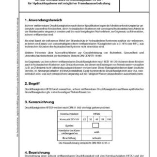 Stahl-Eisen-Betriebsblatt (SEB) 181 223 - Schwer entflammbare Druckflüssigkeiten HFDU - für Hydrauliksysteme mit möglicher Fremdwasserbelastung