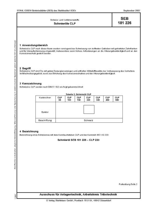 Stahl-Eisen-Betriebsblatt (SEB) 181 226 - Schmier- und Verfahensstoffe - Schmieröle CLP