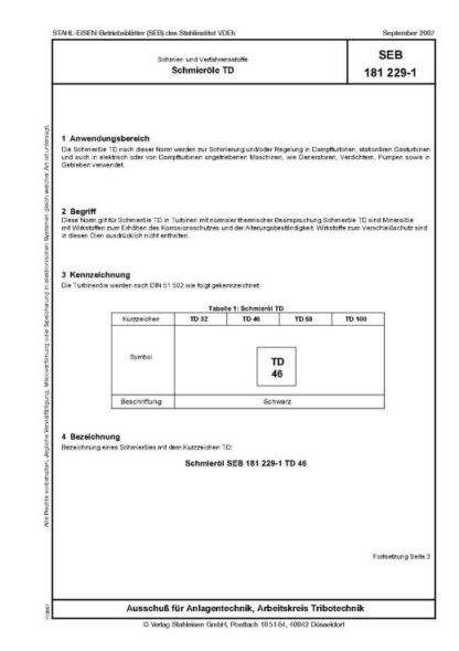 Stahl-Eisen-Betriebsblatt (SEB) 181 229-1 - Schmier- und Verfahrensstoffe - Schmieröle TD