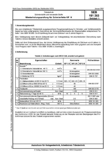 Stahl-Eisen-Betriebsblatt (SEB) 181 253 - Schmierstoffe und verwandte Stoffe - Wiederholungsprüfung für Schmierfette KP K