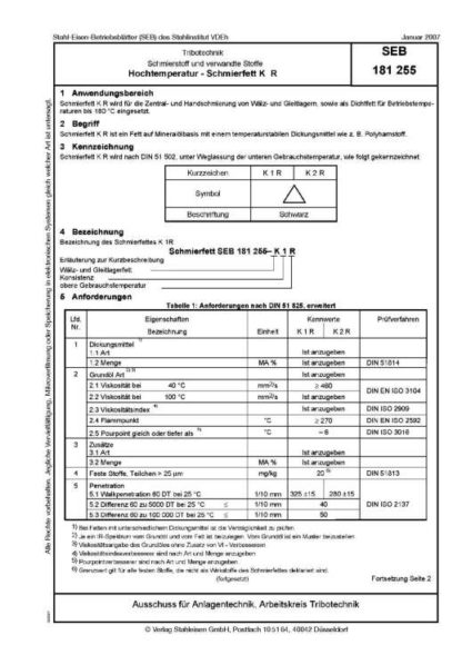 Stahl-Eisen-Betriebsblatt (SEB) 181 255 - Schmierstoff und verwandte Stoffe - Hochtemperatur - Schmierfett K R