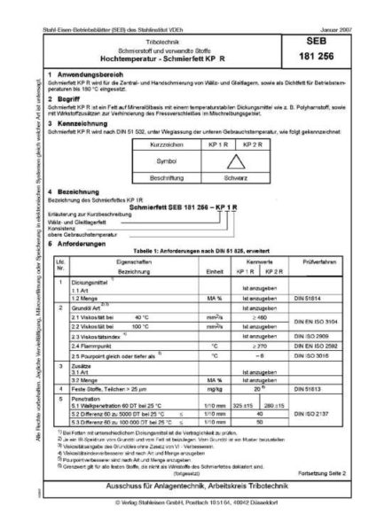 Stahl-Eisen-BEtriebsblatt (SEB) 181 256 - Schmierstoff und verwandte Stoffe - Hochtemperatur - Schmierfett KP R