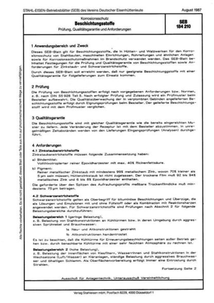 Stahl-Eisen-Betriebsblatt (SEB) 184 210 - Beschichtungsstoffe - Prüfung, Qualitätsgarantie und Anforderungen