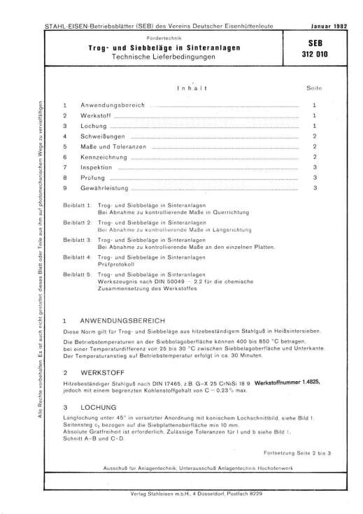 Stahl-Eisen-Betriebsblatt (SEB) 312 010 - Trog- und Siebbeläge in Sinteranlagen - Technische Lieferbedingungen