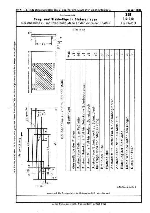 Stahl-EIsen-Betriebsblatt (SEB) 312 010 - Trog- und Siebbeläge in Sinteranlagen - Bei Abnahme zu kontrollierende Maße in Querrichtung (Beiblatt 3)