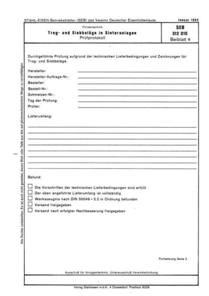 Stahl-EIsen-Betriebsblatt (SEB) 312 010 - Trog- und Siebbeläge in Sinteranlagen - Bei Abnahme zu kontrollierende Maße in Querrichtung (Beiblatt 4)