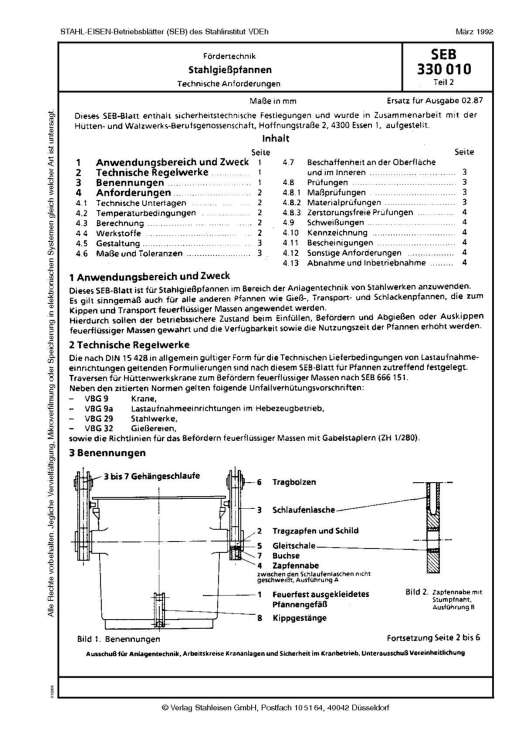 Stahl-Eisen-Betriebslatt (SEB) 330 010 - Stahlgießpfannen - Technische Anforderungen (Teil 2)