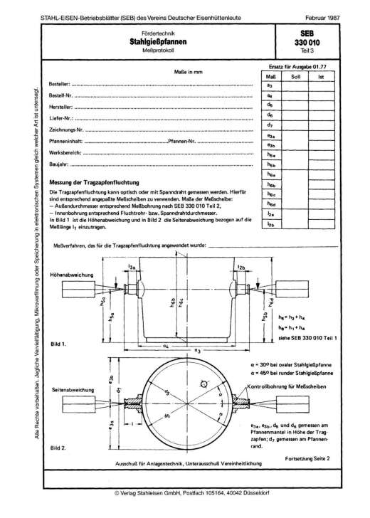 Stahl-Eisen-Betriebsblatt (SEB) 330 010 - Stahlgießpfannen - Meßprotokoll (Teil 3)