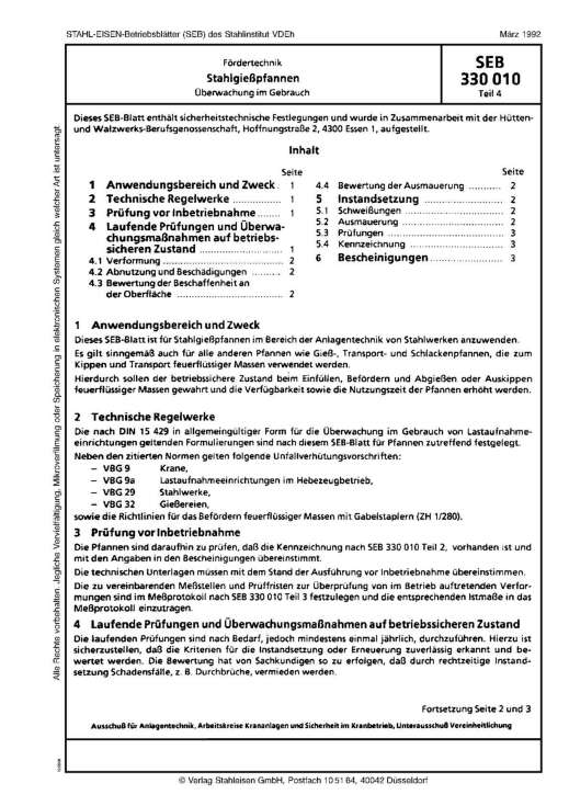 Stahl-Eisen-Betriebsblatt (SEB) 330 010 - Stahlgießpfannen - Überwachung im Gebrauch (Teil 4)