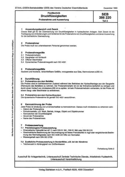 Stahl-Eisen-Betriebsblatt (SEB) 386 220 - Druckflüssigkeiten - Probenahme und Auswertung (Teil 2)