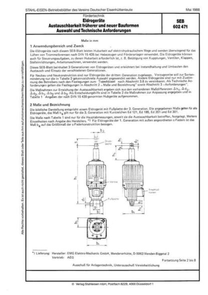 Stahl-Eisen-Prüfblatt (SEB) 602 471 - Eldrogeräte - Austauschbarkeit früherer und neuer Bauformen Auswahl und Technische Anforderungen
