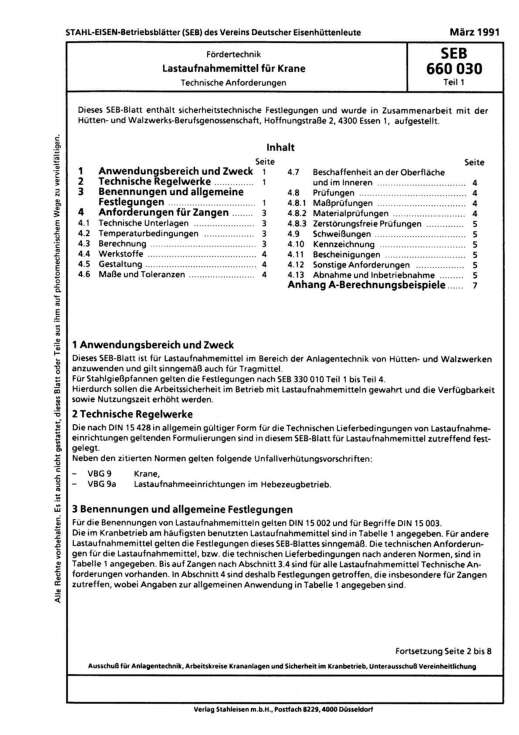 Stahl-Eisen-Betriebsblatt (SEB) 660 030 - Lastaufnahmemittel für Krane - Technische Anforderungen (Teil1 )