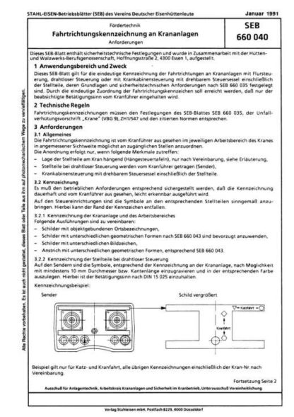 Stahl-Eisen-Betriebsblatt (SEB) 660 040 - Fahrtrichtungskennzeichnung an Krananlagen - Amforderungen