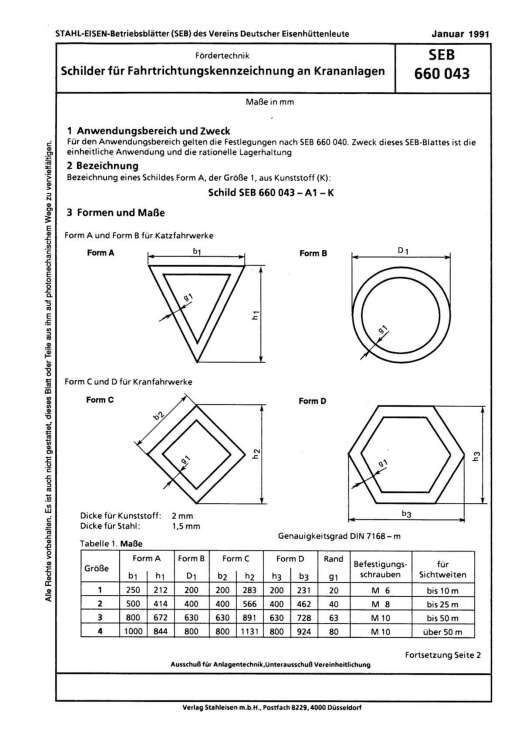 Stahl-Eisen-Betriebsblatt (SEB) 660 043 - Schilder für Fahrtrichtungskennzeichnung an Krankanlagen