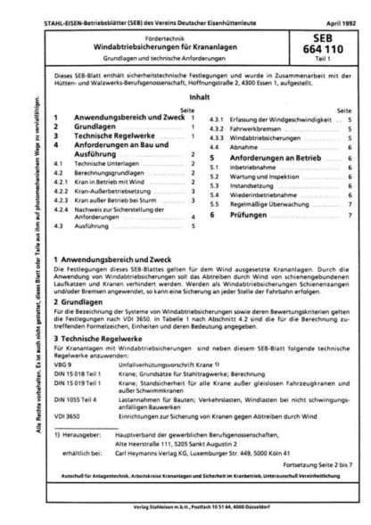 Stahl-Eisen-Betriebsblatt (SEB) 664 110 - Windabtriebsicherungen für Krananlagen - Grundlagen und technische Anforderungen (Teil 1)