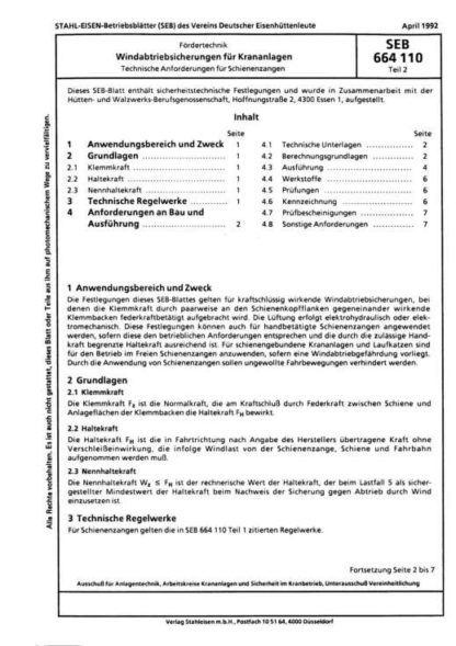 Stahl-Eisen-BEeriebsblatt (SEB) 664 110 - Windabtriebsicherung für Krananlagen - Technische Anforderungen für Schienenzangen (Teil 2)