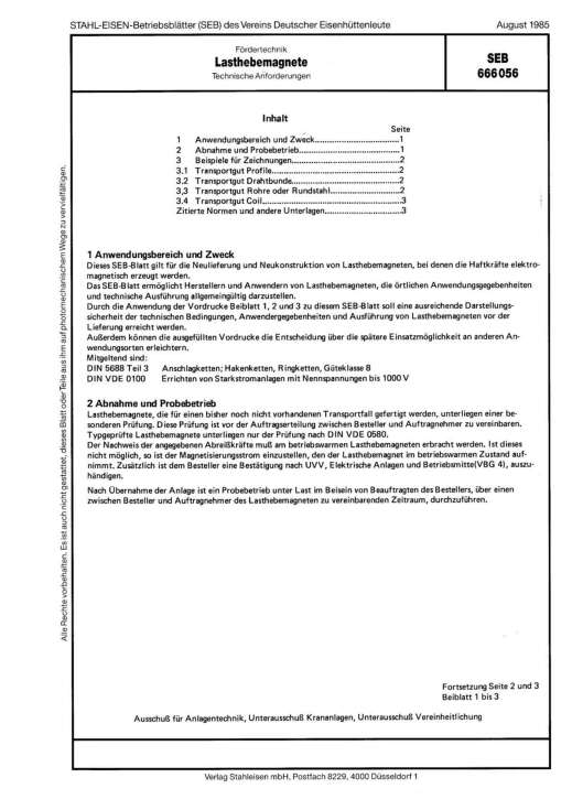 Stahl-Eisen-Betriebsblatt (SEB) 666 056 - Lasthebemagnete SEB - Technische Anforderungen