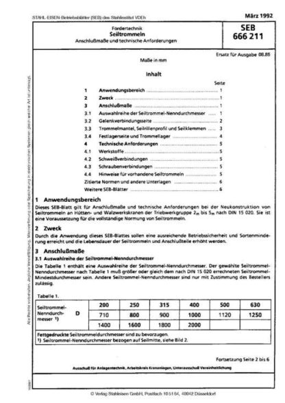 Stahl-Eisen-Betriebsblatt (SEB) 666 211 - Seiltrommeln - Anschlussmaße und technische Anforderungen