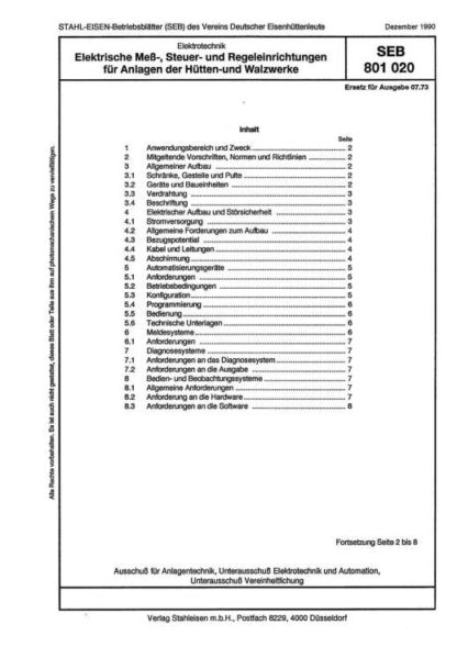 Stahl-Eisen-Betriebsblatt (SEB) 801 020 - Elektrische Maß- Steuer- und Regeleinrichtungen für Anlagen der Hütten- und Walzwerke