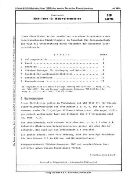 Stahl-Eisen-Betriebsblatt (SEB) 841 210 - Richtlinien für Walzwerksmotoren