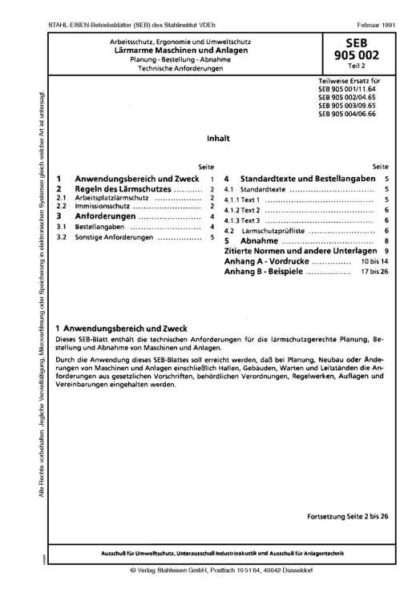 Stahl-Eisen-Betriebsblatt (SEB) 905 002 - Lärmarme Maschinen und Anlagen: Planung - Bestellung - Abnahme - Technische Anforderungen (Teil 2)