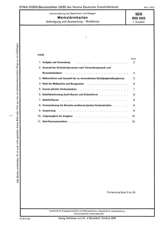 Stahl-Eisen-Betriebsblatt (SEB) 905 005 - Werkslärmkarten - Anfertigung und Auswertung - Richtlinien (1. Ausgabe)