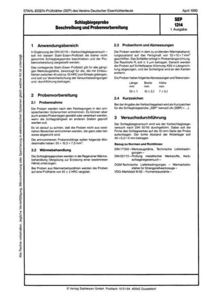 Stahl-Eisen-Prüfblatt (SEP) 1314 - Schlagbiegeprobe, Beschreibung und Probevorbereitung