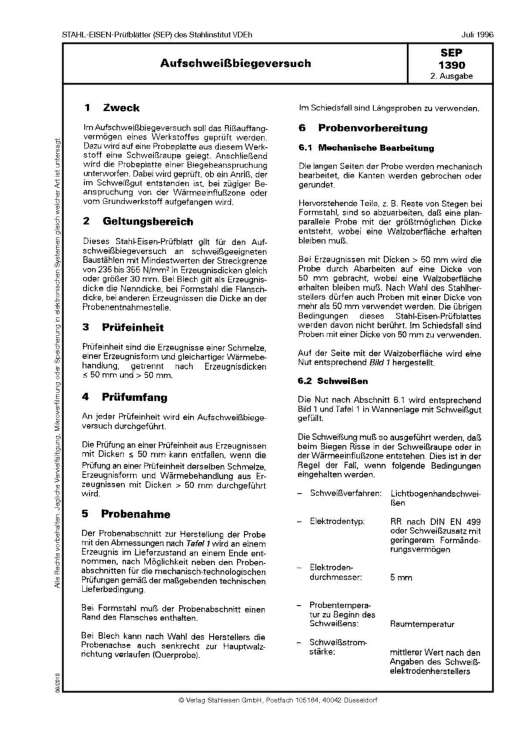 Stahl-Eisen-Prüfblatt (SEP) 1390 - Aufschweißbiegeversuch