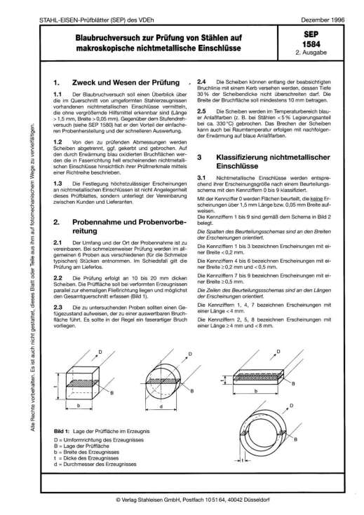 Stahl-Eisen-Prüfblatt (SEP) 1584 - Blaubruchversuch zur Prüfung von Stählen auf makroskopische nichtmetallische Einschlüsse