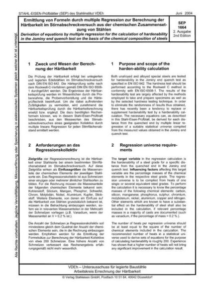 Stahl-Eisen-Prüfblatt (SEP) 1664 - Ermittlung von Formeln durch multiple Regression zur Berechnung der Härtbarkeit im Stirnabschreckversuch aus der chemischen Zusammensetzung von Stählen