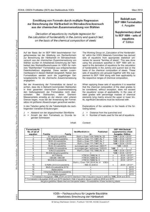 Stahl-Eisen-Prüfblatt (SEP) 1664 - Beiblatte zum SEP 1664: Ermittlung von Formeln durch Regression zur Berechnung der Härtbarkeit im Stirnabschreckversuch aus der chemischen Zusammensetzung von Stählen (4. Ausgabe)