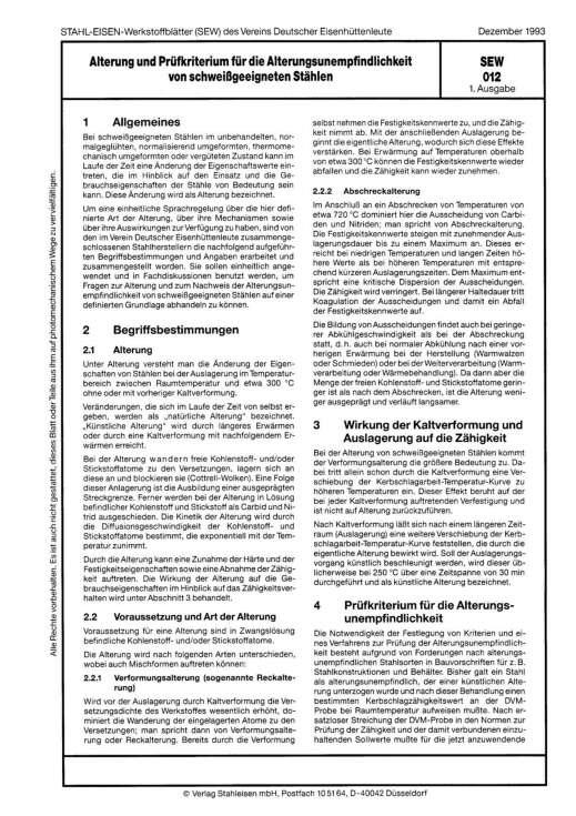 Stahl-Eisen-Werkstoffblatt (SEW) 012 - Alterung und Prüfkriterien für die Alterungsunempfindlichkeit von schweißgeeigneten Stählen