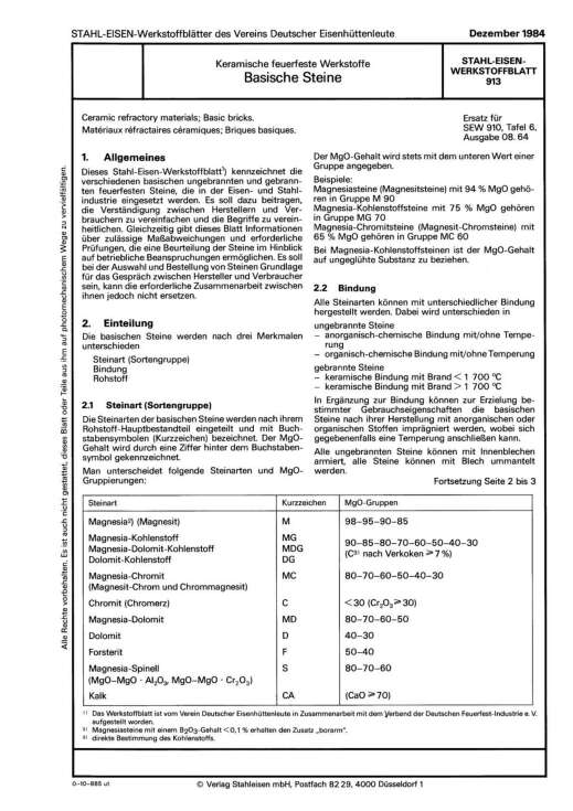 Stahl-Eisen-Werkstoffblatt (SEW) 913 - Kreamische feuerfeste Werkstoffe - Basische Steine