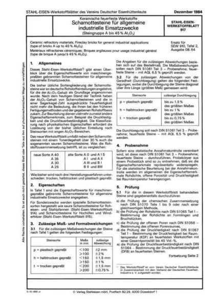 Stahl-Eisen-Werkstoffblatt (SEW) 917 - Keramische feuerfester Werkstoffe - Schamottesteine für allg. industrielle Einsatzzwecke (Steingruppe A bis 45% AI2O3)